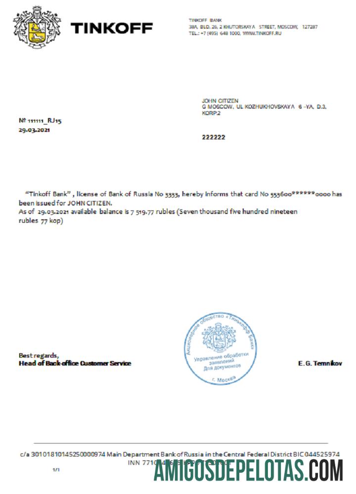 Rússia Tinkoff Referência Rubli Em Inglês exemplo real